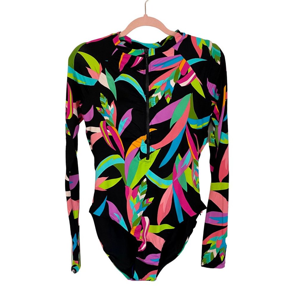 TRINA TURK Paddle Suit One Piece Birds of Paradise Rash Guard Swimsuit / NWT